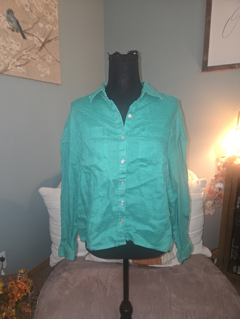 Rachel Zoe Linen Teal Green Button-Down Shirt